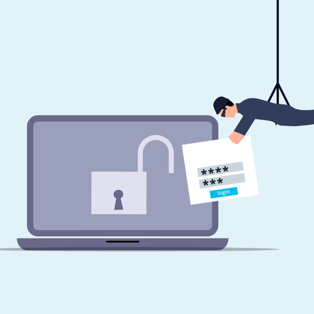 cartoon of thief stealing information from a computer
