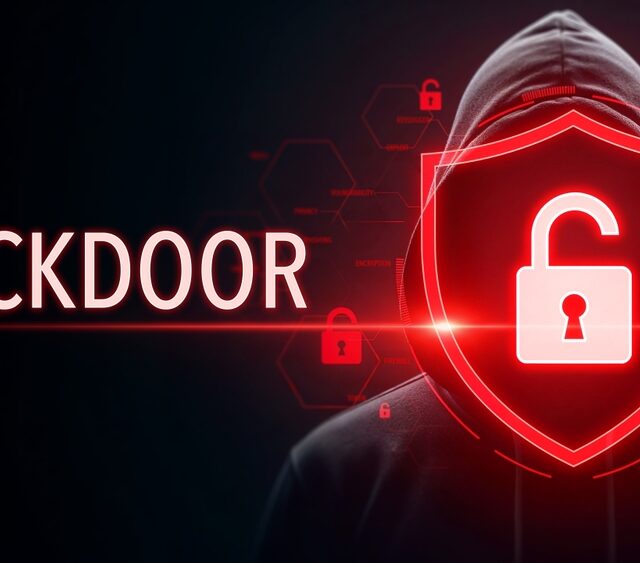 hacker standing behind red security shield