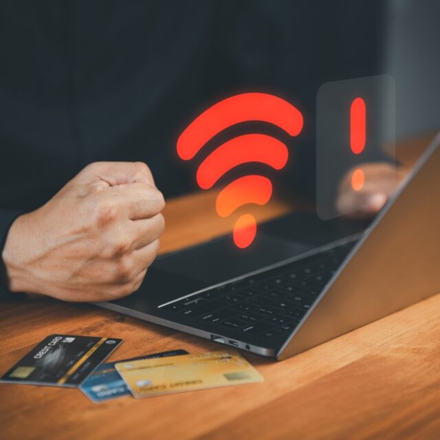 red WiFi warning with frustrated person in the background